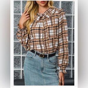 Plaid Button-Up Blouse - Brown and White Peter Pan Anthropologie pilco small